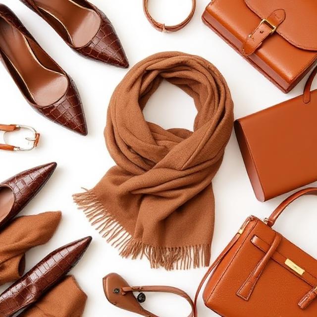 Brown fashion accessories including shoes, Bags, and scarf