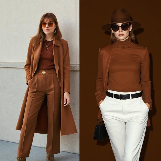 Model wearing brown hat, blouse, pants, and overcoat