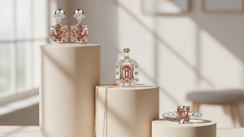 morganite earrings, necklace and ring.