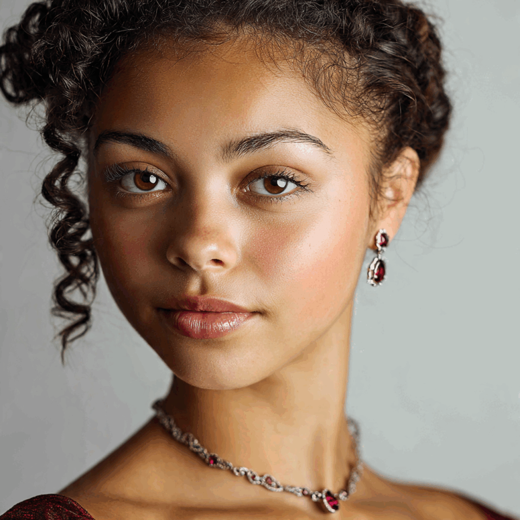 Model wearing Pigeon Blood ruby jewelry