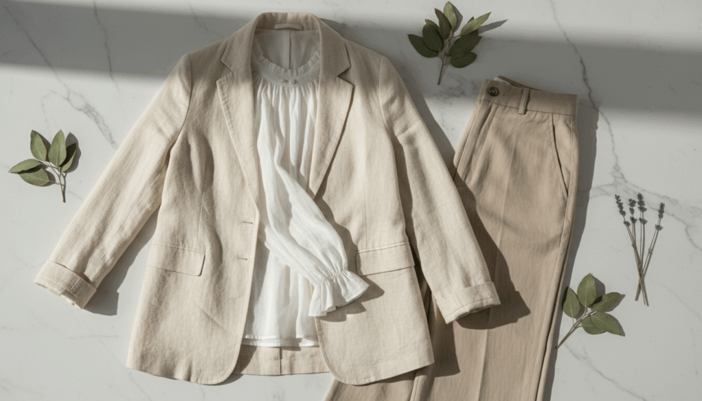 white jocket and pants example of a skin-friendly wardrobe