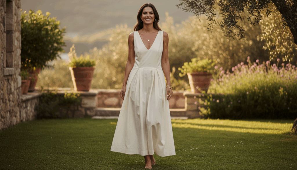 Model in white dress to show a skin-friendly wardrobe