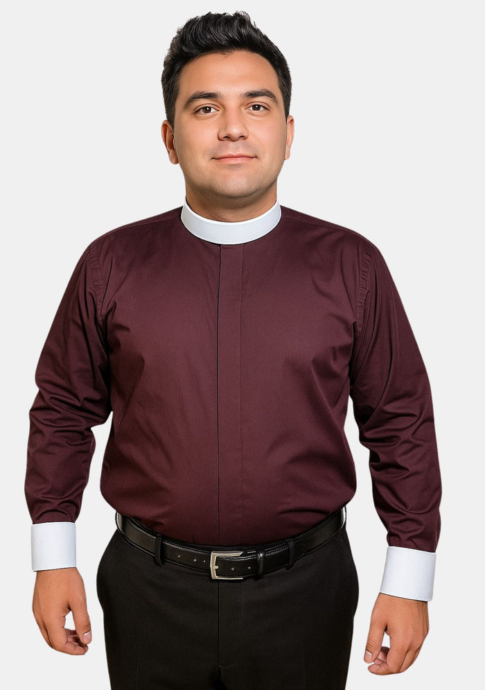 Man wearing maroon priest attire