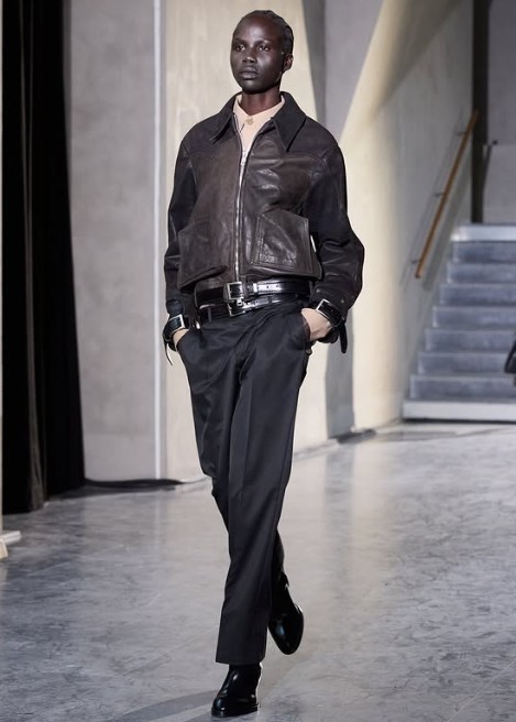 Hodakova Brown leather jacket with Gray slacks