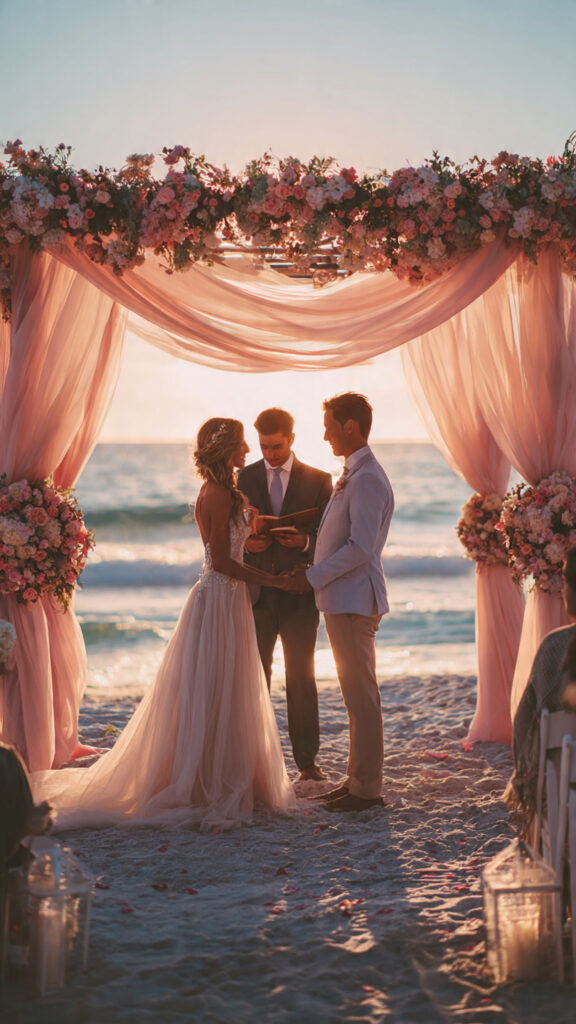 man and wife with pastor at a beach wedding