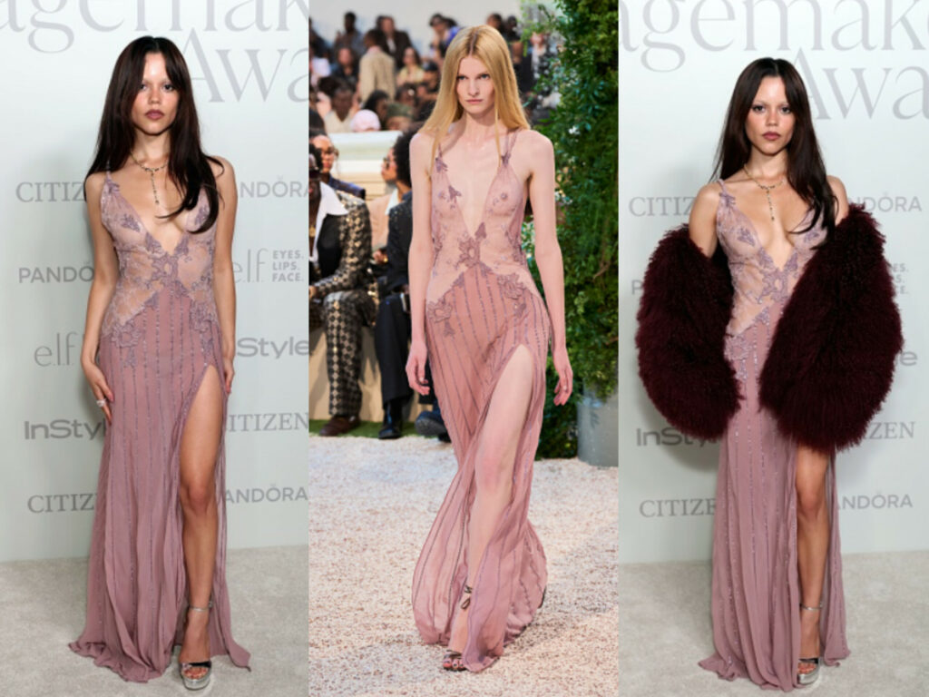 Jenna Ortega Steals the Show in an Amiri Fluffy Jacket and Lace Leg Slit Dress at the 2025 InStyle Imagemaker Awards