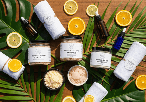 natural skincare products laid out on a fern background