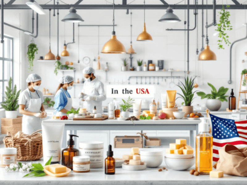 image of research facility promoting "made in America" and  natural skincare