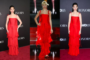 Anne Hathaway wears ruby red Valentino at the 2025 WWD Honors in New York, dazzling in a vintage-inspired gown while honoring Valentino Garavani.