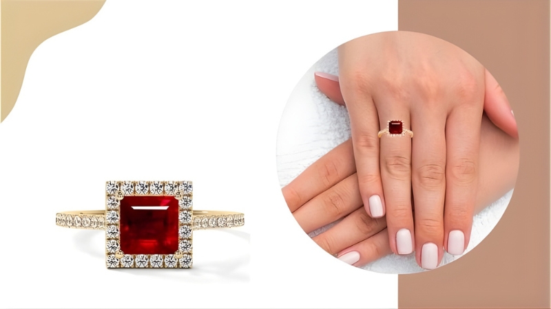 wom ans hand wearing natural ruby ring