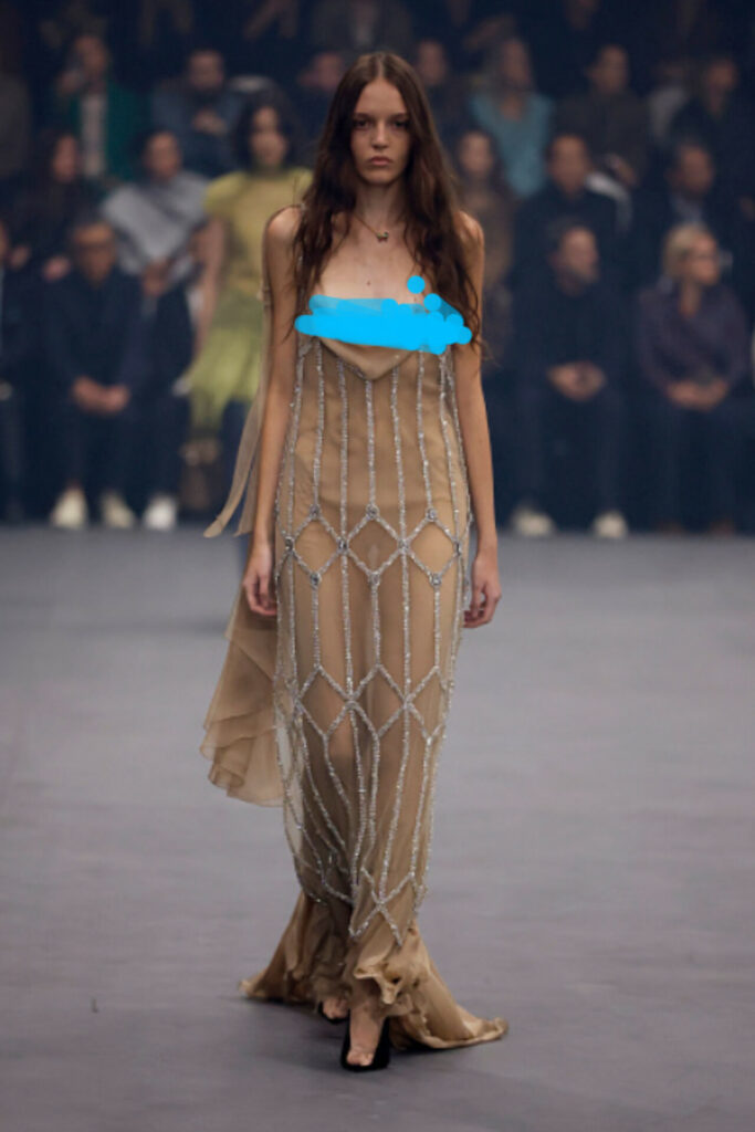 At the Valentino Spring/Summer 2026 women’s collection show, a model walked down the catwalk wearing a sheer beige dress with a dramatic crystal mesh and flowing skirt, titled “Firefly.”