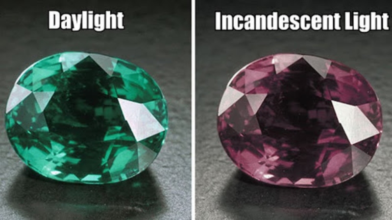 example of Alexandrite stones change from daylight to incandescent light 