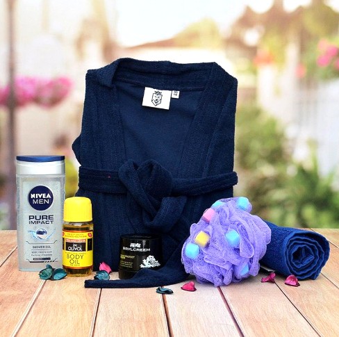 for a husband bathrobe, body oil, loufa, towel, or deoaderant 