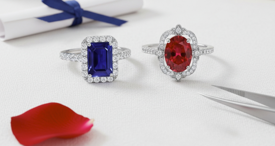 two different gemstone rings in a halo and a vintage ring