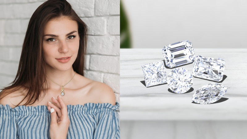 woman wearing necklace made from lab grown diamonds alongside of a close up of loose diamond stones 