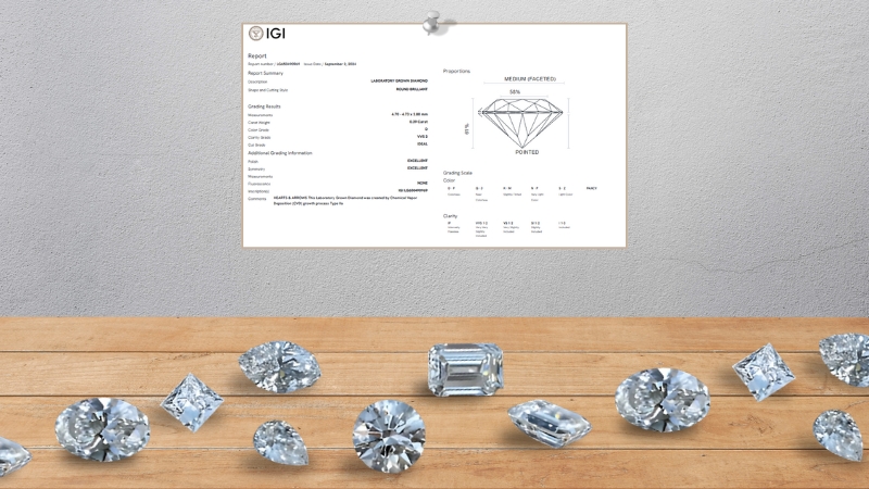 Loose diamond stones under an IGI certificate