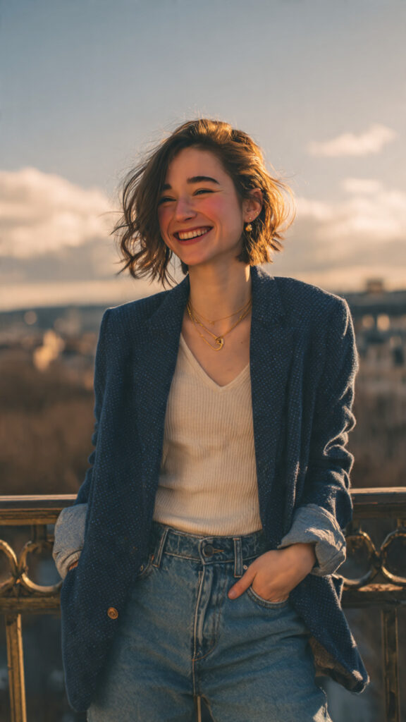 girl wearing blazer and jeans