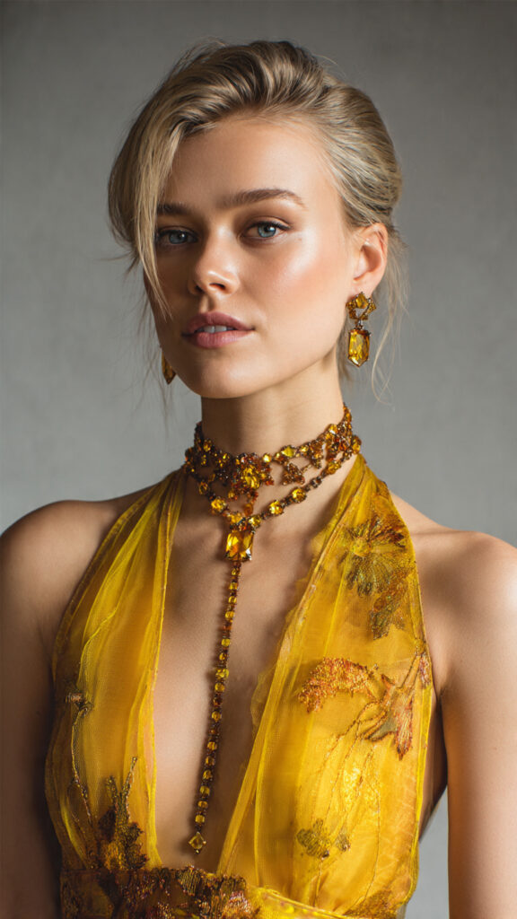 model wearing yellow sapphire jewelry 