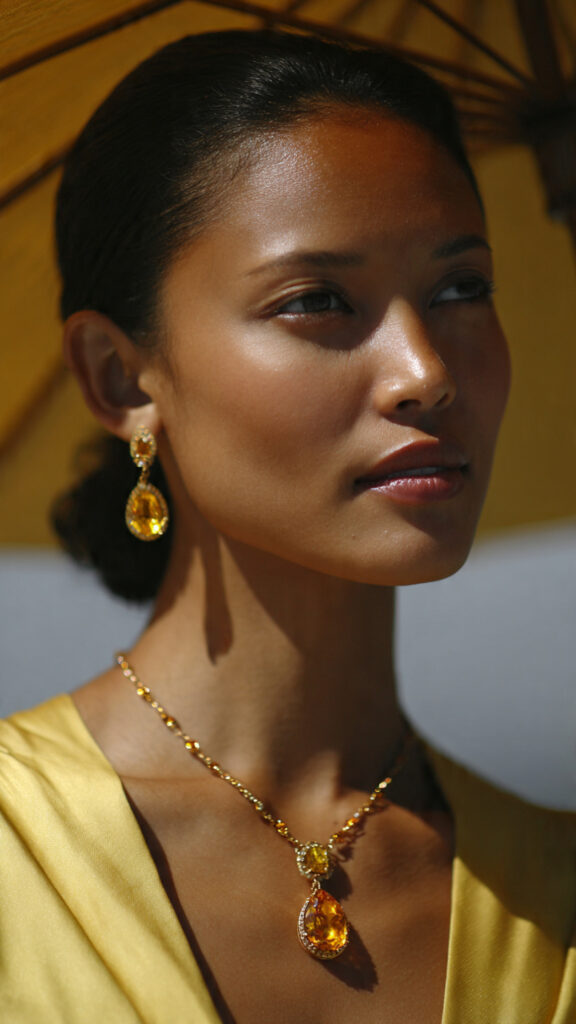 Model wearing yellow sapphire earrings and pendant 