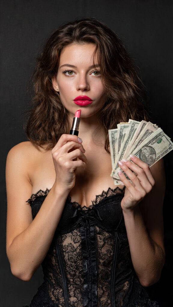 Model holding money to emphasize how to save money with a beauty budget 