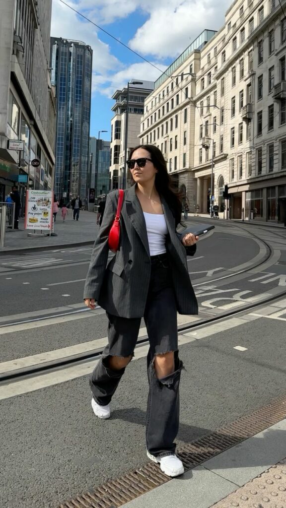 gray oversized blazer with ripped pants