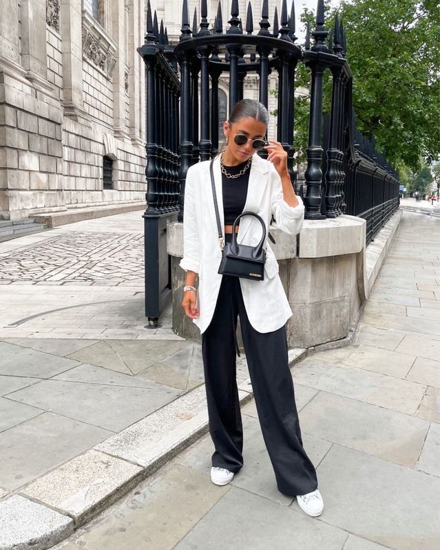 Black crop top with white oversized blazer