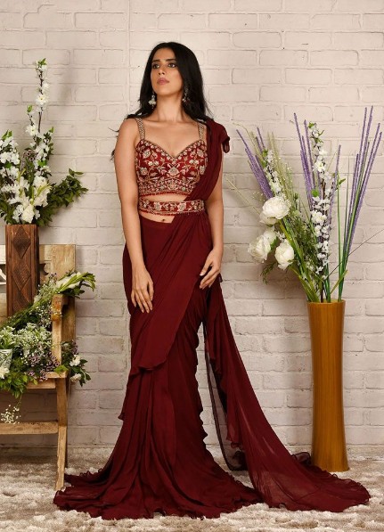 ready to wear sarees marron with crop top 