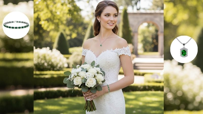 Bride wearing emerald bracelet and necklace wedding jewelry