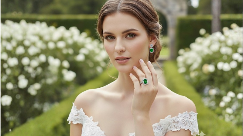 bride wearing emerald ring and earrings