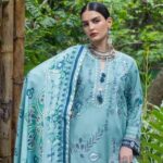 model wearing blue ornamental pakistani outfit