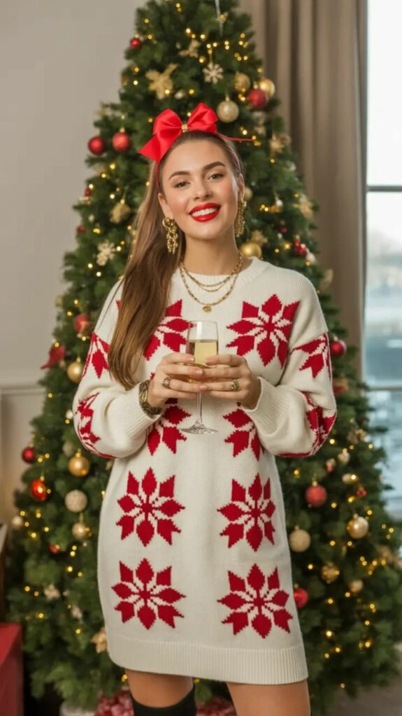 Model in white with red accents swaeter dress Christmas Outfits 