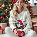 Model in White Santa sweater, white leggings, red socks, and red cap to display top Christmas Outfits