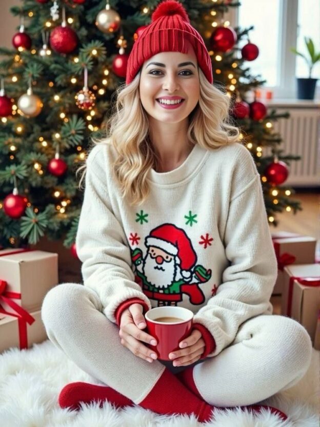 Model in White Santa sweater, white leggings, red socks, and red cap to display top Christmas Outfits