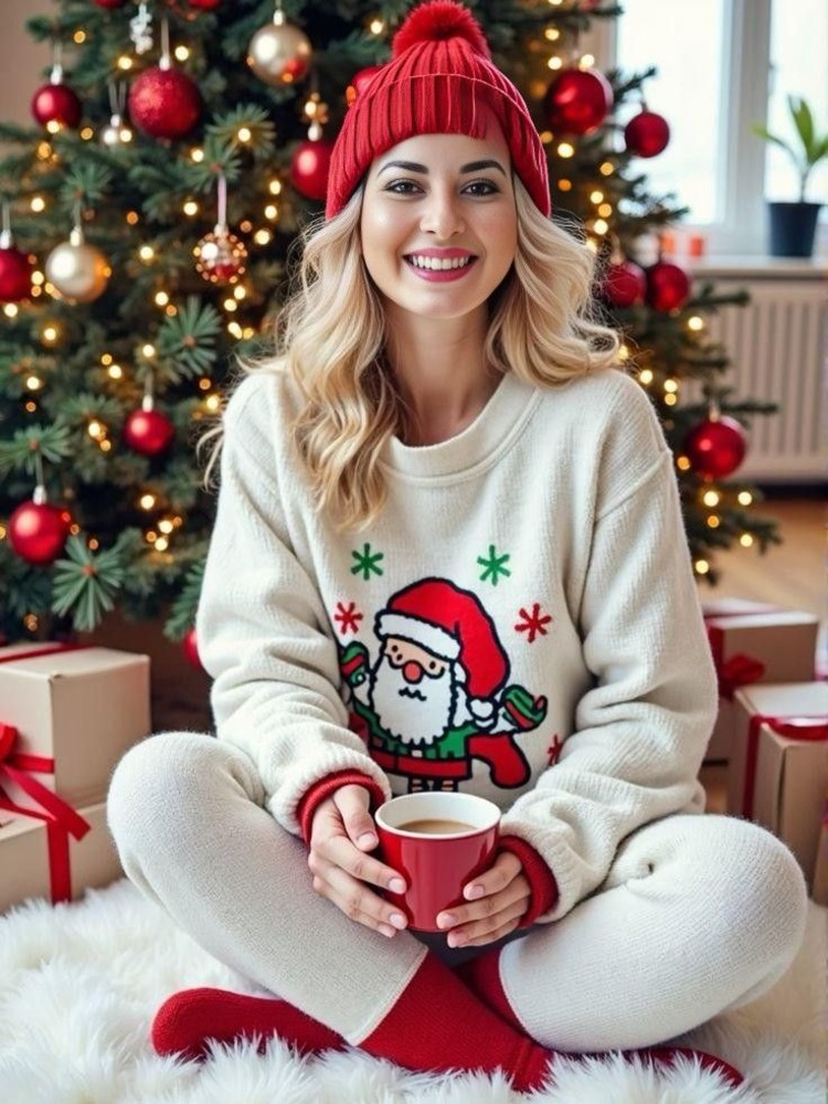 Model in White Santa sweater, white leggings, red socks, and red cap to display top Christmas Outfits