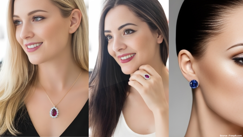 3 women wearing different styles of gemstone jewelry