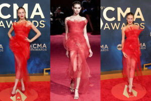 Kelsea Ballerini Stuns in a Christian Siriano Scarlet Red Horsehair Dress at the 2025 CMA Awards