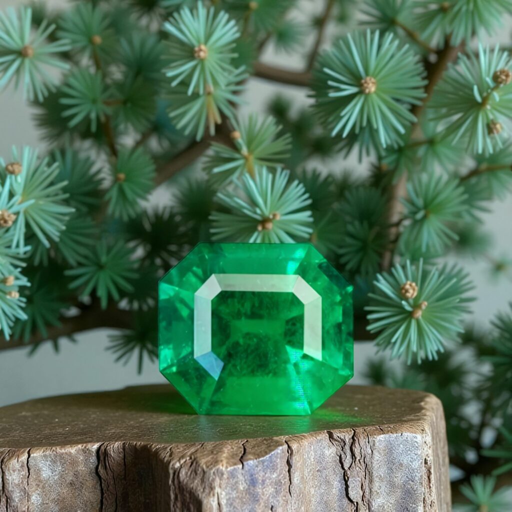 green emerald stone in front of evergreen