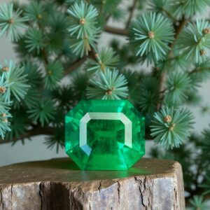 green emerald stone in front of evergreen