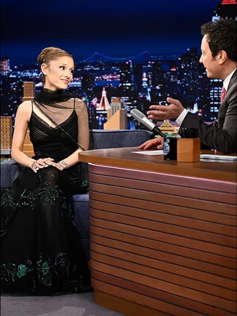 Ariana Grande Shines Bright in a Vintage 1930s Black Sheer Tulle and Celluloid Sequin Foliage Gown on The Tonight Show Starring Jimmy Fallon