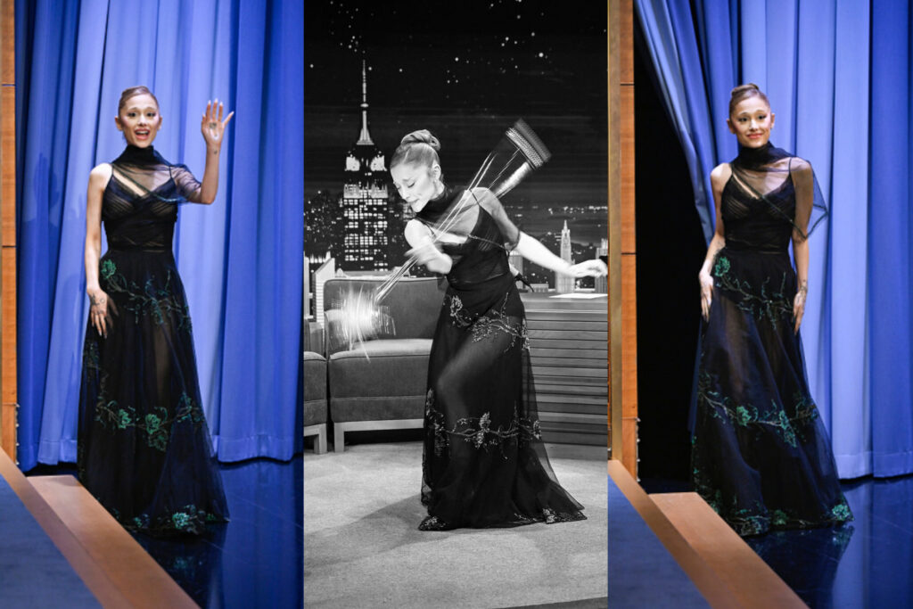 Ariana Grande Shines Bright in a Vintage 1930s Black Sheer Tulle and Celluloid Sequin Foliage Gown on The Tonight Show Starring Jimmy Fallon