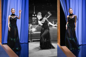 Ariana Grande Shines Bright in a Vintage 1930s Black Sheer Tulle and Celluloid Sequin Foliage Gown on The Tonight Show Starring Jimmy Fallon