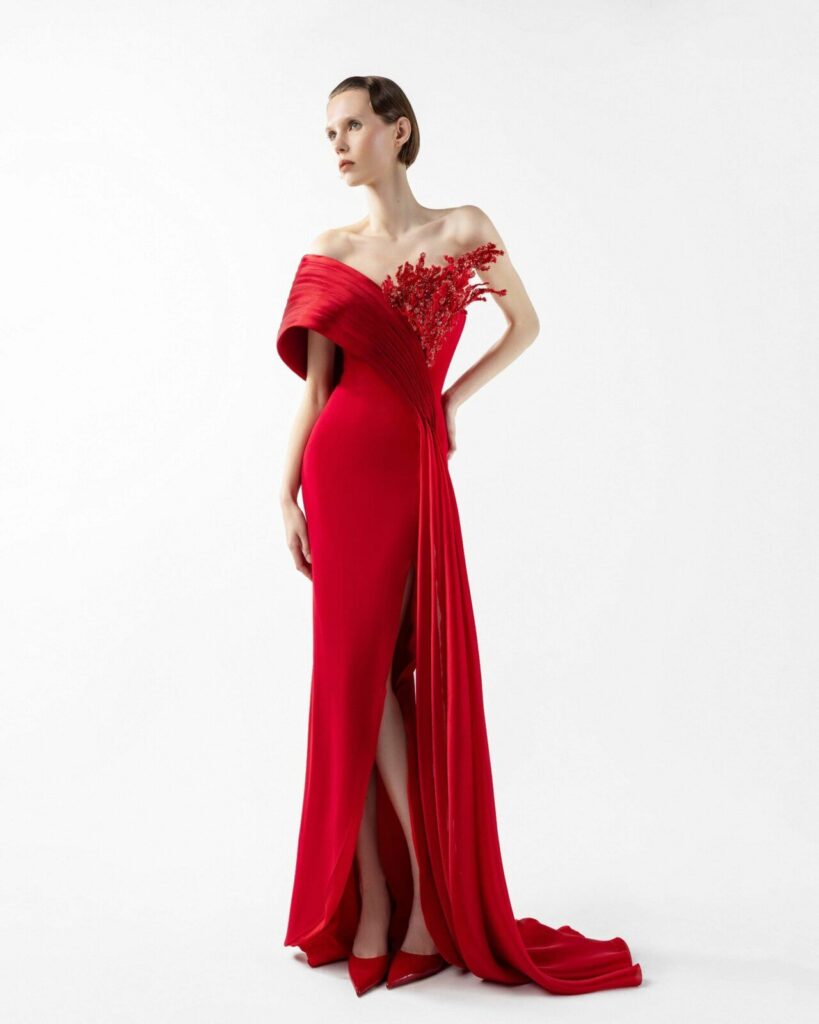 Gaby Charbachy red one-shoulder, asymmetrical neckline off the shoulder dress Fall/Winter 2026