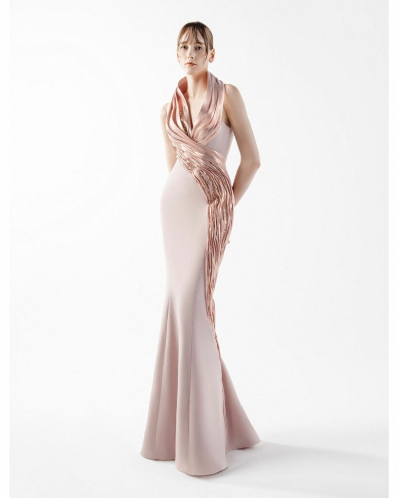 This Gaby Charbachy sleeveless, high-draped neckline dress sleeveless, high-draped neckline