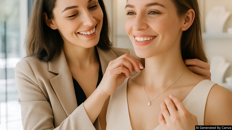 A woman is putting on a necklace to another woman