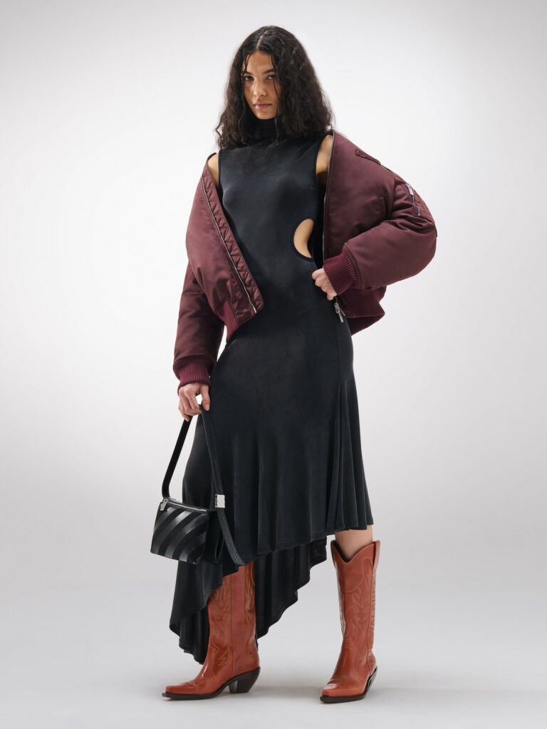 Off-White burgundy swaeter with balc dress and boots