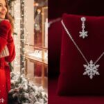 New Year sale girl in sweater and jewelry