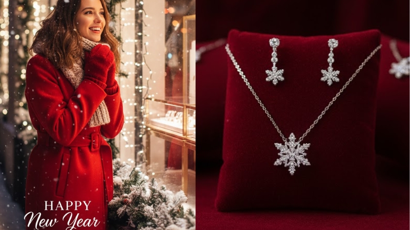 New Year sale girl in sweater and jewelry