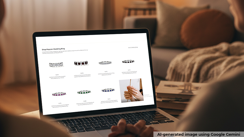 A couple looking at a laptop screen displaying different wedding bands