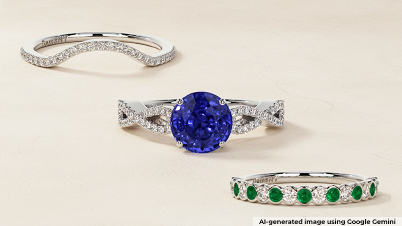 A collage of a curved diamond band