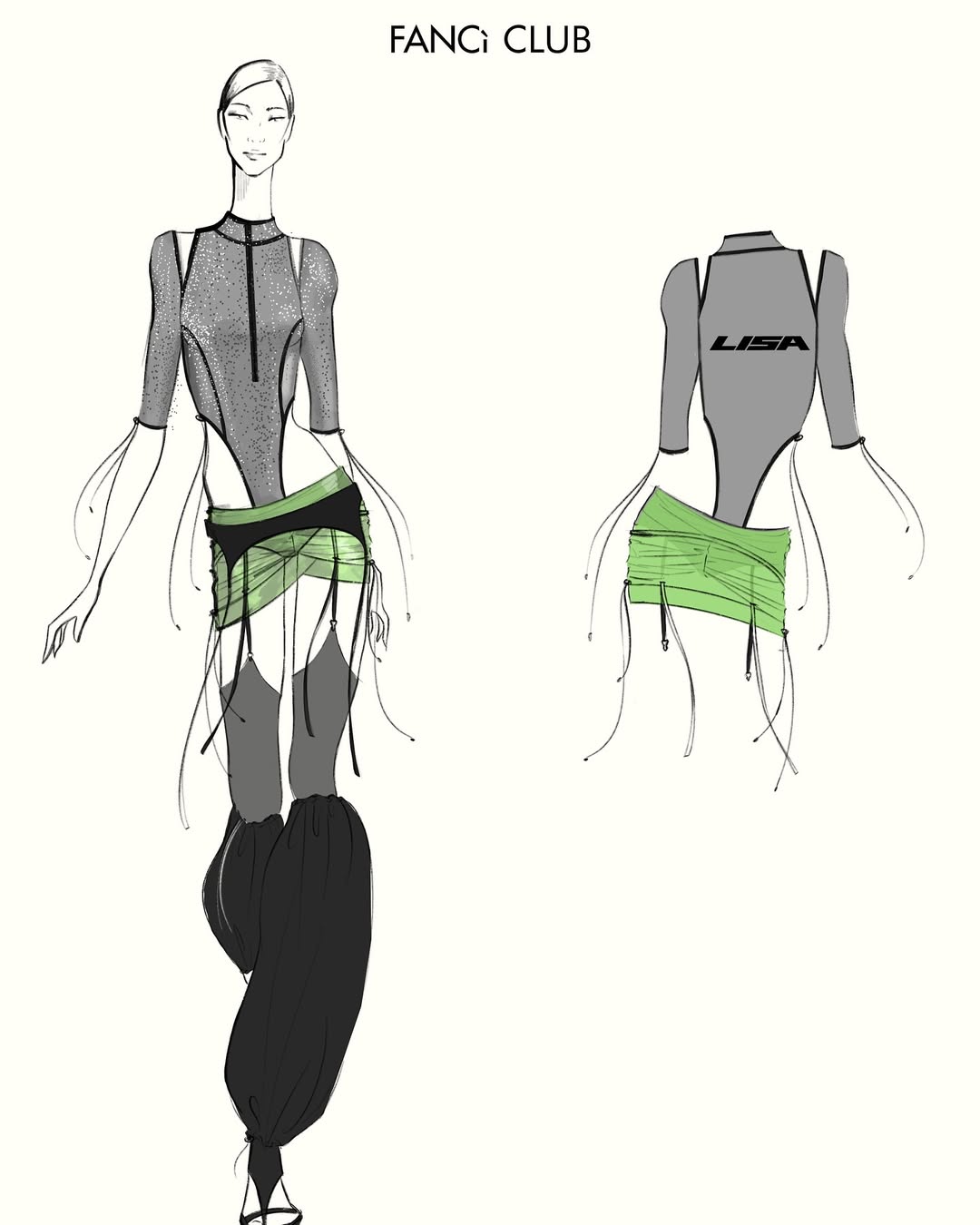 A picture of Lisa’s bespoke two-tone striped cutaway bodysuit, complemented by an elegant transparent mesh skirt and thigh-high platform boots